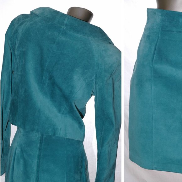 Suede Leather JACKET & SKIRT Dress 2 pc. Suit Set Aqua Teal Danier Womens M / 8 - Picture 9 of 9